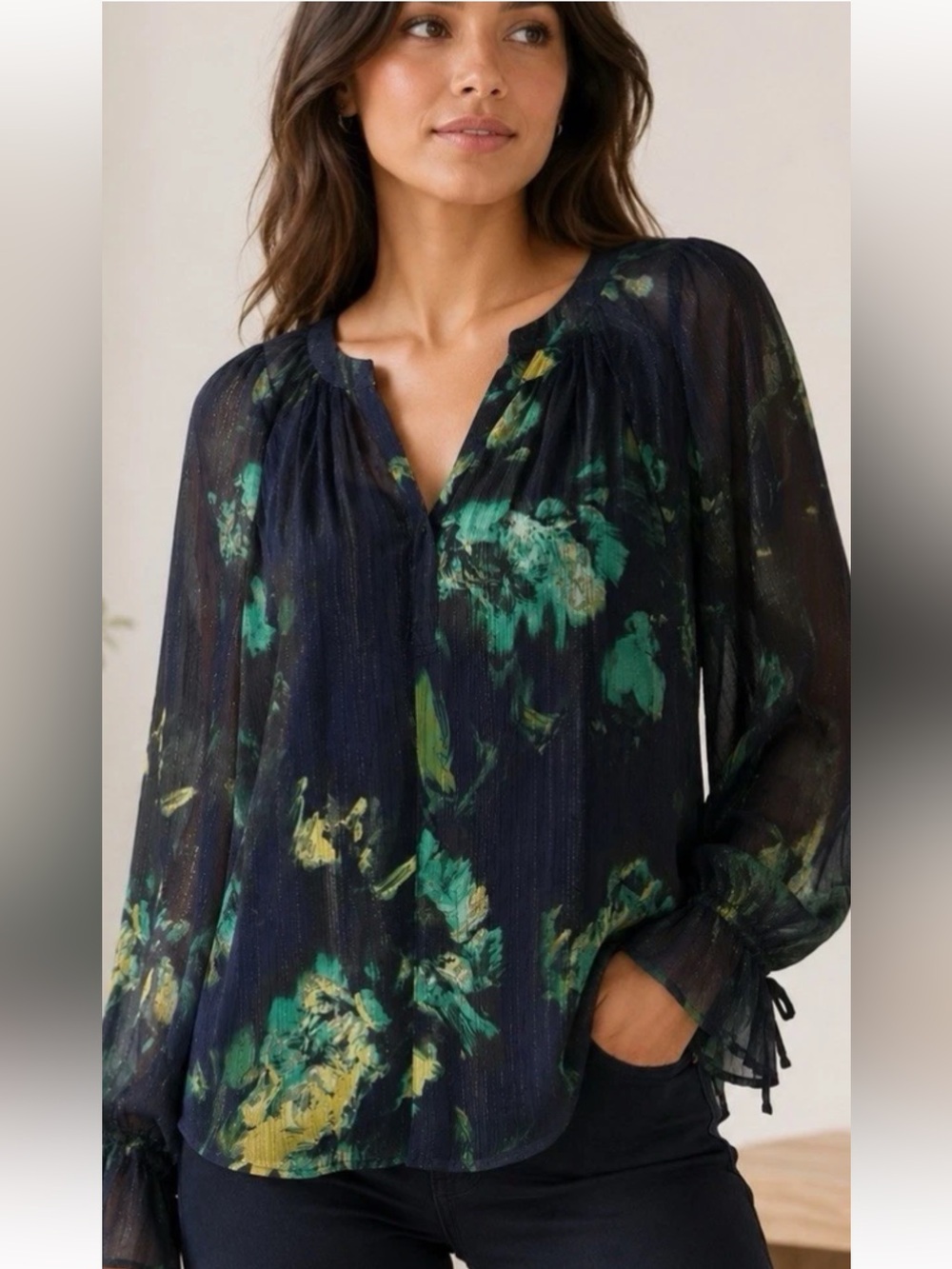 Simply Vera Vera Wang Dark Floral Metallic Sheer Lurex Blouse With Cami Size 3X